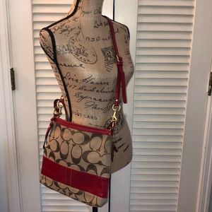 Coach Signature Tan Jacquard w/ Red Leather Stripe